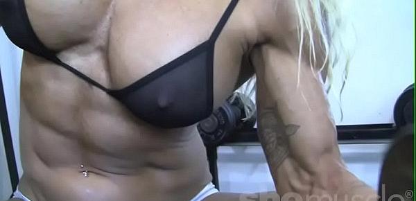  Sexy Blonde Female Bodybuilder In See Through Top Works Out